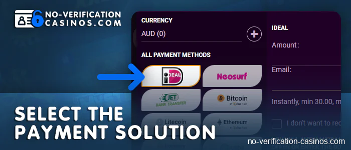 Click on the iDeal payment method in the deposit section of the online casino