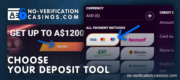 Click on the desired deposit method at no kyc casino