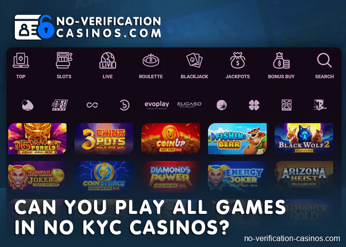 Available games on the no KYC casino website