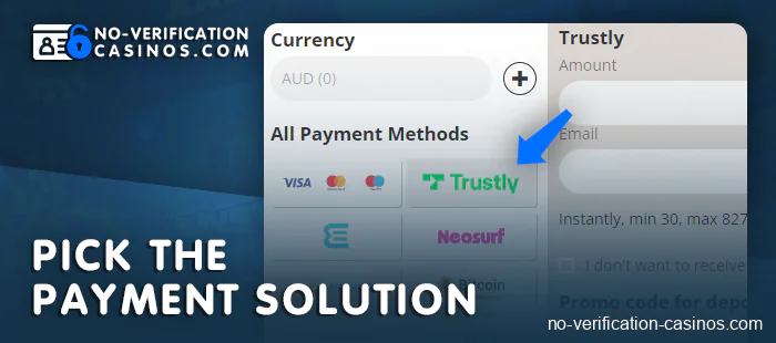 Select Trustly payments in the casino payments section