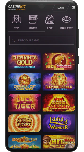 Screenshot of the main page of Casinonic website