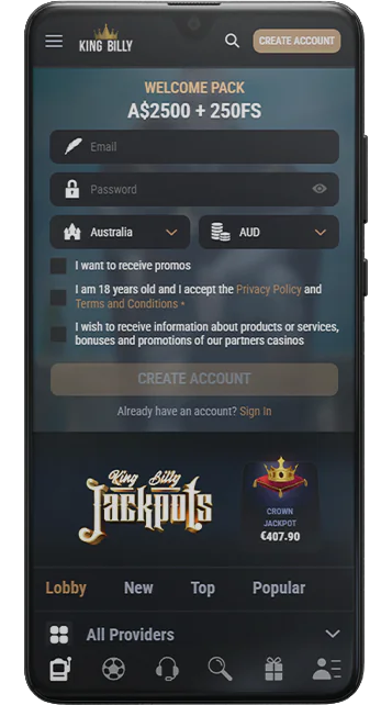 King Billy Casino online lobby screen