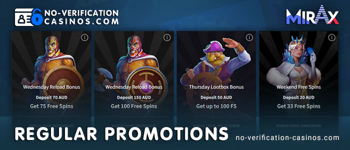 List of regular bonuses for Mirax Casino players