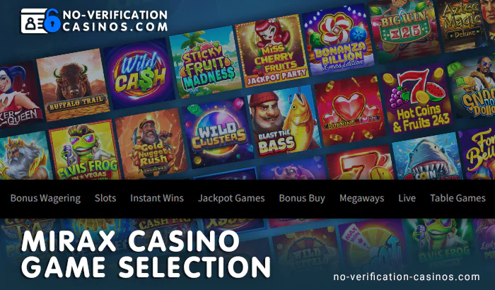 Casino section in Mirax - game categories
