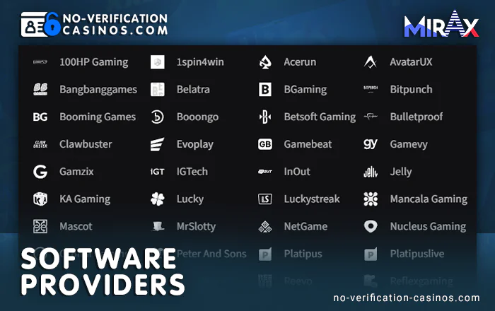 What are the software providers at Mirax Casino - 50+