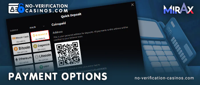 Methods of deposit and withdrawal from Mirax Casino